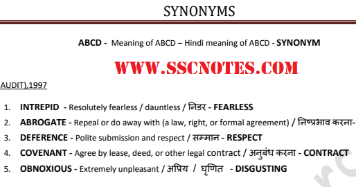 Synonyms Asked in Various SSC Exams Previous Papers Updated CGL 2017 PDF Download