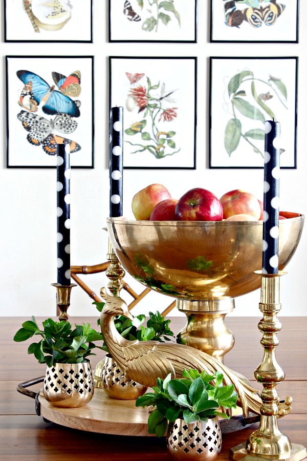 fall centerpiece, fall decorations, vintage brass, brass candlesticks, brass bowl