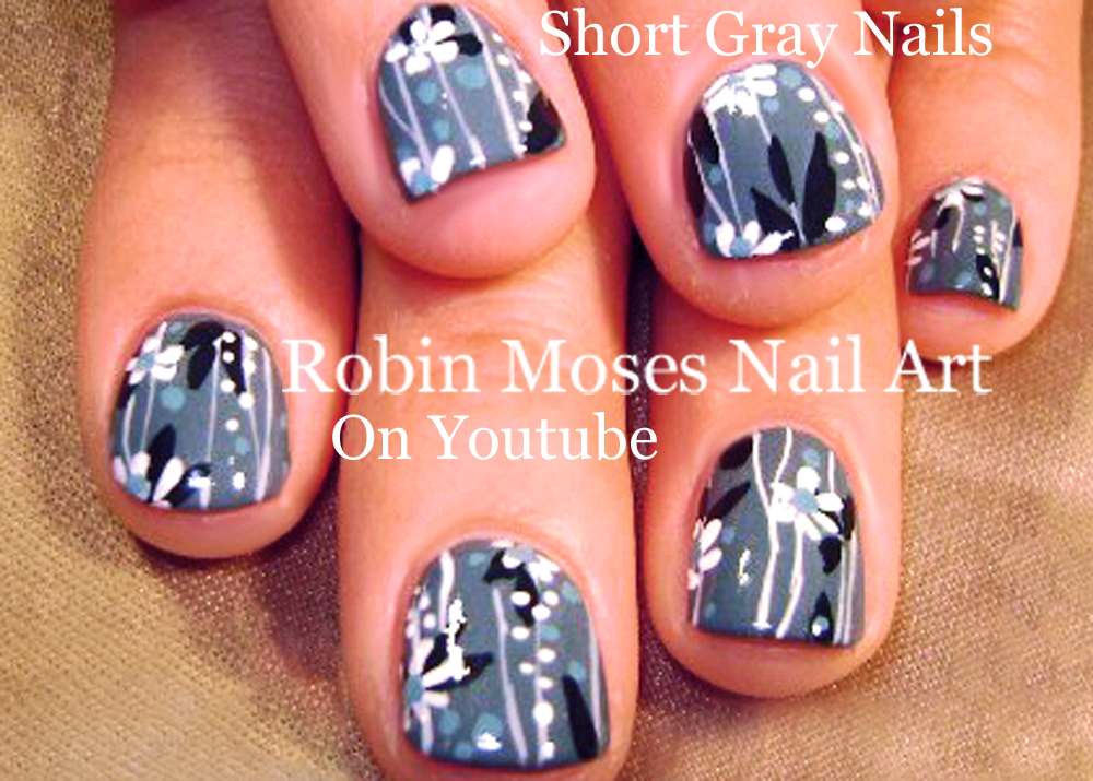 Nail Art by Robin Moses Vintage Grey Nails. Black White and Gray mix