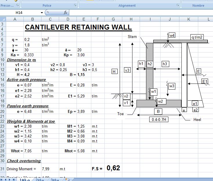 Cantilever Retaining Wall Sheet Excel Civil Engineering Program - Cantilevered Retaining Wall Design Example