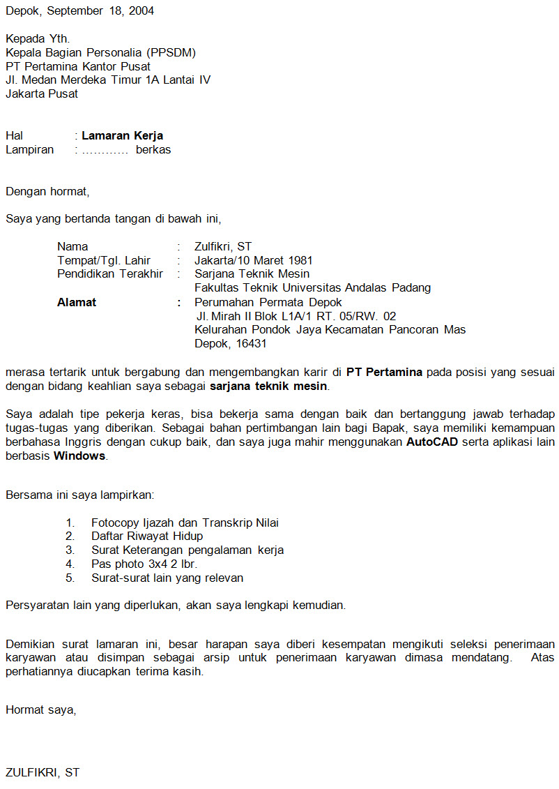 Contoh Surat Lamaran Kerja Untuk Pertamina Contoh Surat Contoh Surat Lamaran Kerja Untuk Pertamina Contoh Surat