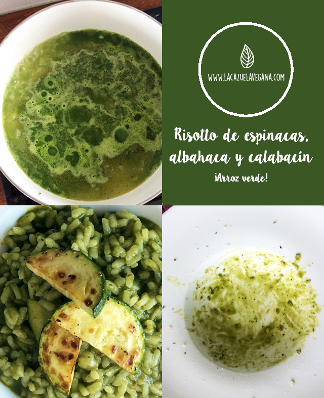 Risotto vegano de espinacas, albahaca y calabacín