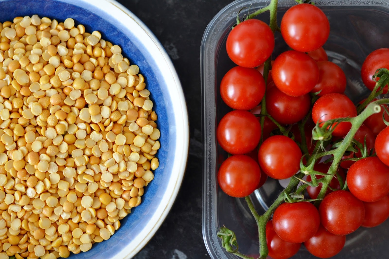 Yellow split pea purée with slow roast Piccolo tomatoes, caramelised