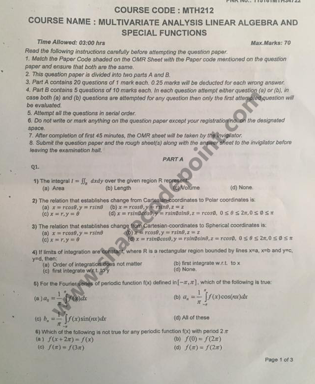 MTH212 Multivariate Analysis Linear Algebra And Special Functions End