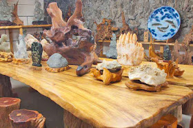 wood table, stone carvings,cave