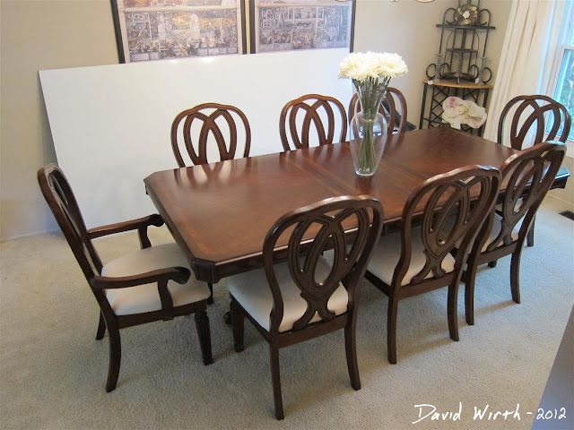 dining room table and chairs set, recovered chairs fabric, wood table, sturdy chairs