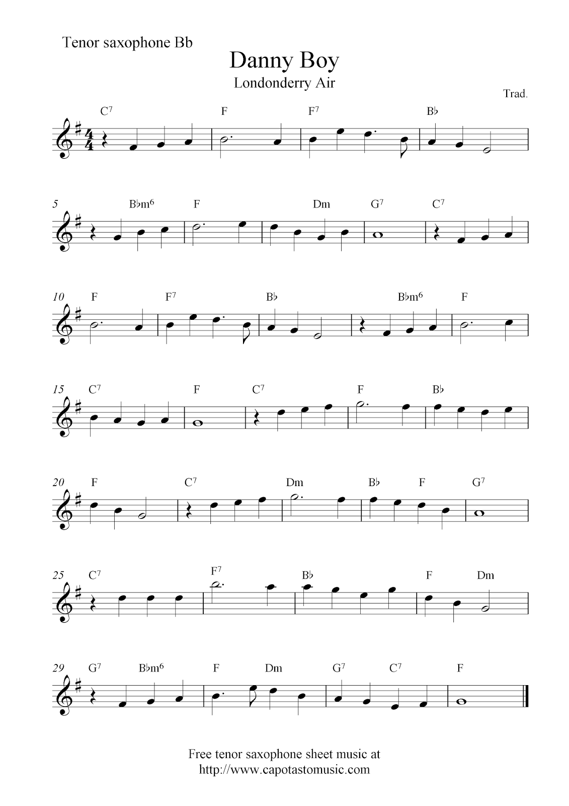 Easy Sheet Music For Beginners Danny Boy (Londonderry Air), free tenor