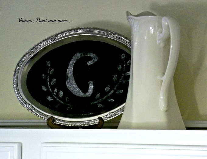 Vintage, Paint and more... chalkboard painted dollar tree tray, thrifted pitcher