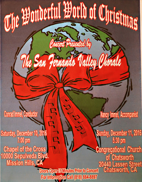 Image created by chorale member of the world wrapped in a bow with music notes saying "The Wonderful World of Christmas"
