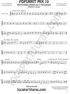 Mix 10 Partitura de Saxo Tenor Himno de la Alegría Oh When the Saints, Sirena, Reloj y La Granja del Tio Gilito Popurrí Mix 10 Sheet Music for Tenor Saxophone Music Scores