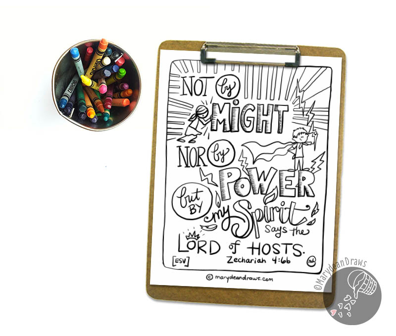 Not by might + Zechariah 4:6 Bible Verse Coloring Page - Marydean Draws