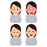いろいろな表情のパソコンを使う人のイラスト（女性）