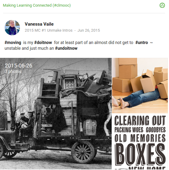 2015 moving screenshot collage moving related images: vintage overloaded truck, buried in packing boxes, clearing out meme