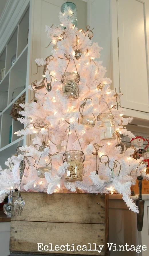 Mason jar white Christmas tree, by Eclectically Vintage, featured on I Love That Junk