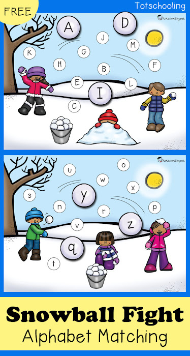 FREE printable Winter themed alphabet matching activity for preschoolers to practice letter recognition! Kids will love matching the snowball letters in this snowball fight! Perfect for a Winter literacy center.