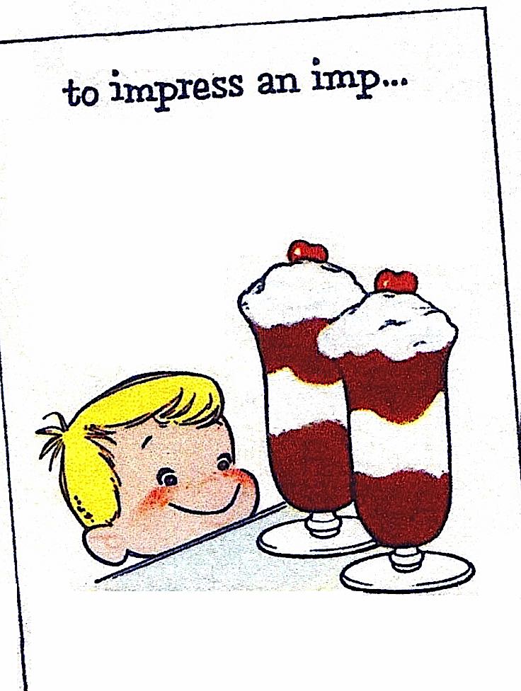 Bob Jones illustration a Bob Jones color illustration of a boy smiling at dessert, "to impress an imp..."