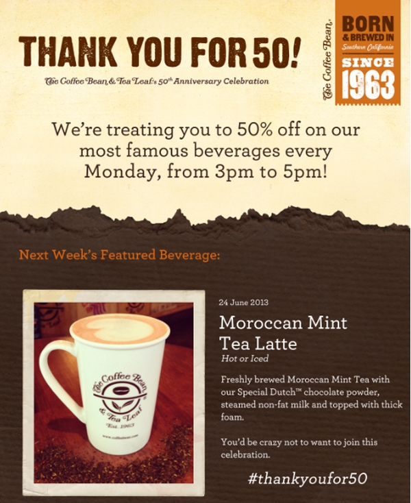Manila Shopper Coffee Bean & Tea Leaf Anniv 50 off Promo on Moroccan
