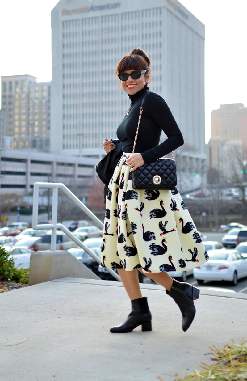 Outfit with swans printed skirt 