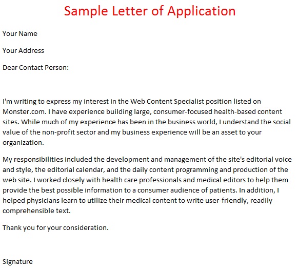 job application letter example: Sample Letter of Application