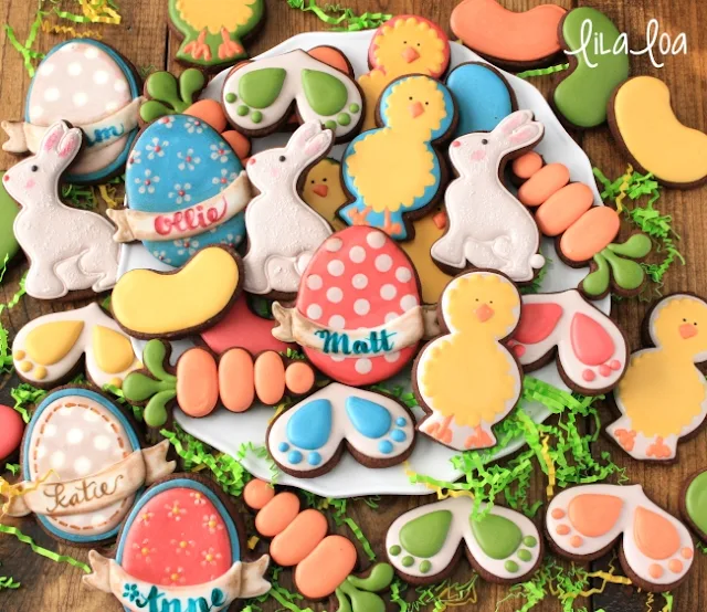 Easter egg, carrots, chick and bunny print decorated sugar cookies