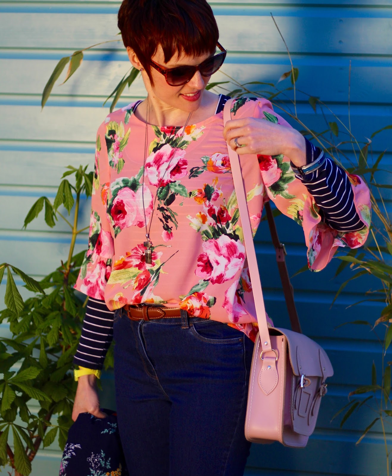 Mixing Florals | Pink Floral blouse, Navy Blazer & Bootcut Jeans | Bonmarché