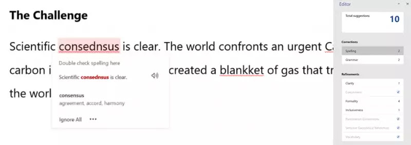 Microsoft Editor gets the ability to view spelling, grammar and other intelligent suggestions