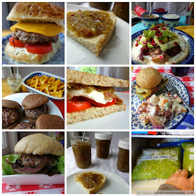 a collage of images of different ways to enjoy green tomato bacon jam