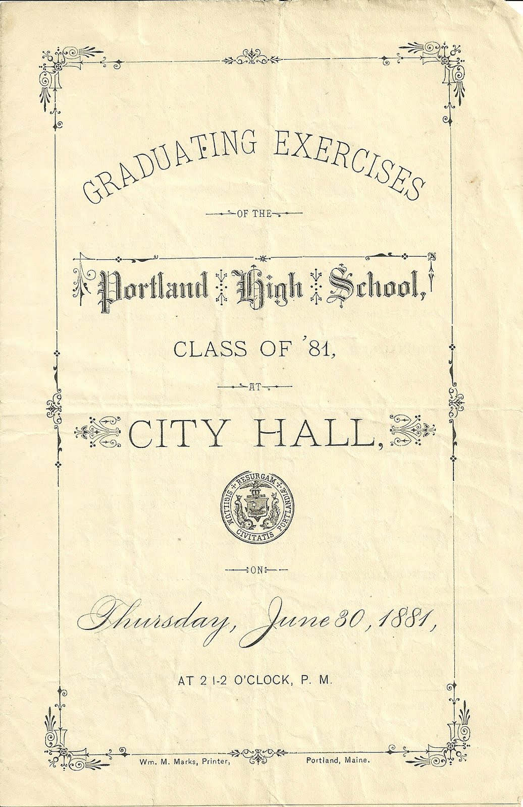 Heirlooms Reunited: 1881 Graduation Program of Portland High School, Portland, Maine