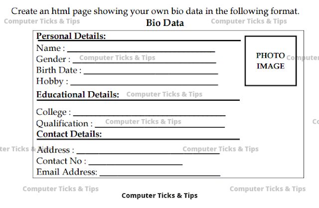 Create an html page showing your own bio data in the following format.