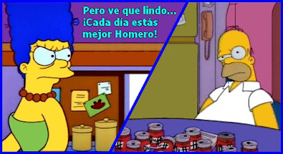 Homero borracho y Marge enojada. La bebida aumenta mi belleza, cada vez que llego borracho mi esposa me dice: Pero mirate que bonito...