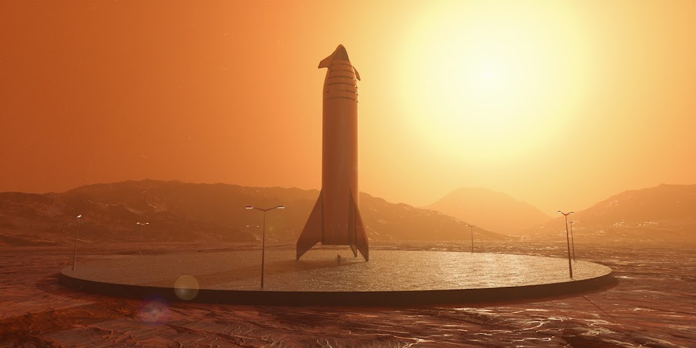 SpaceX Starship on a landing pad on Mars by Charlie Burgess human Mars