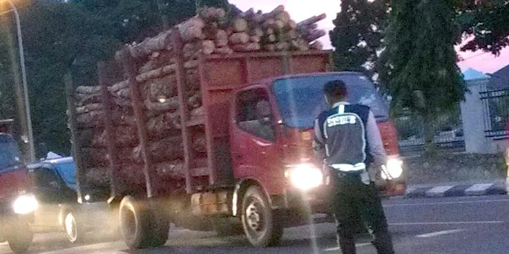 Truk bermuatan kayu melintasi jalan Kota Prabumulih.