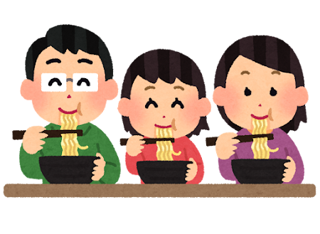 麺類を食べる家族のイラスト（ラーメン）