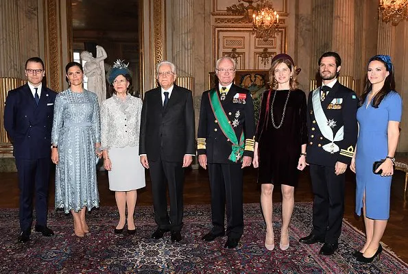 Queen Silvia, Crown Princess Victoria, Prince Daniel, Prince Carl Philip, Princess Sofia and Laura Mattarella at a state dinner