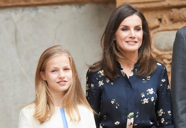 Queen Letizia wore a new floral print dress by Massimo Dutti. Crown Princess Leonor, Infanta Sofia and Queen Sofia