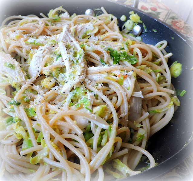 Spaghetti with Roasted Chicken and Shredded Brussels