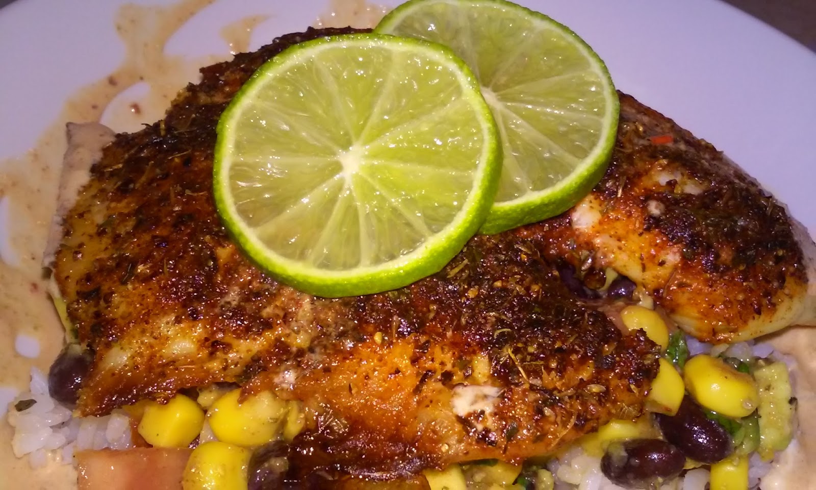Blacken Tilapia with Black Bean, Corn, Avocado Salad over Cilantro Lime