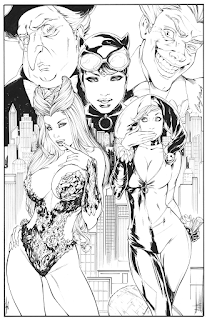 A black and white drawing featuring the Penguim, The Joker, Catwoman, Poison Ivy and Harley Quinn by artistElias-Chatzoudis
