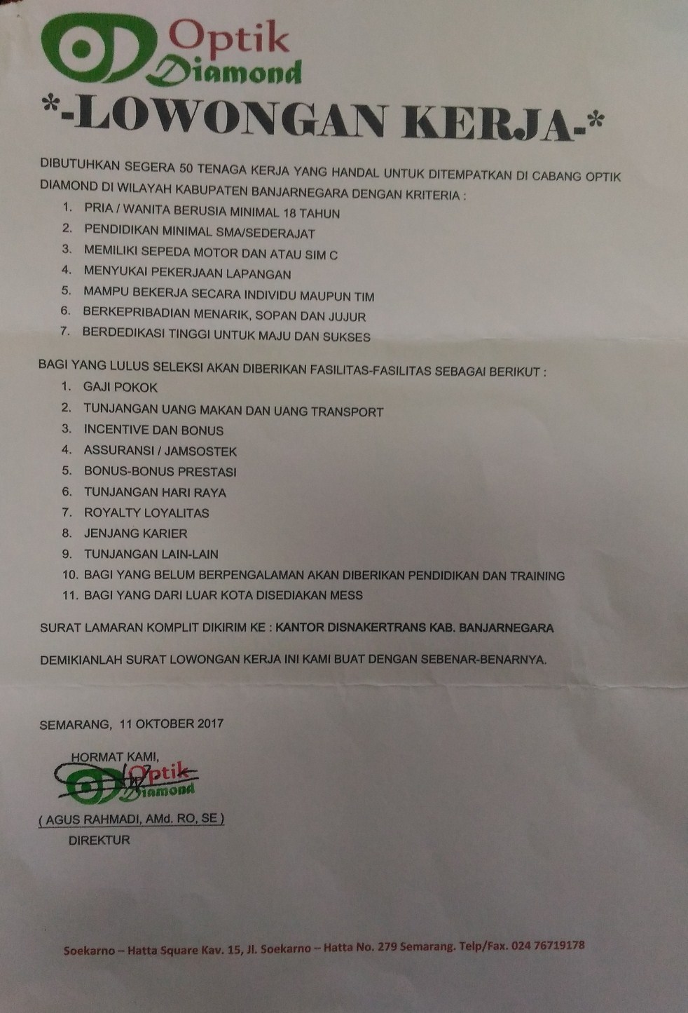 Lowongan Di Optik Diamond Banjarnegara Dibutuhkan 50 Tenaga Kerja Banyumaskarir Com