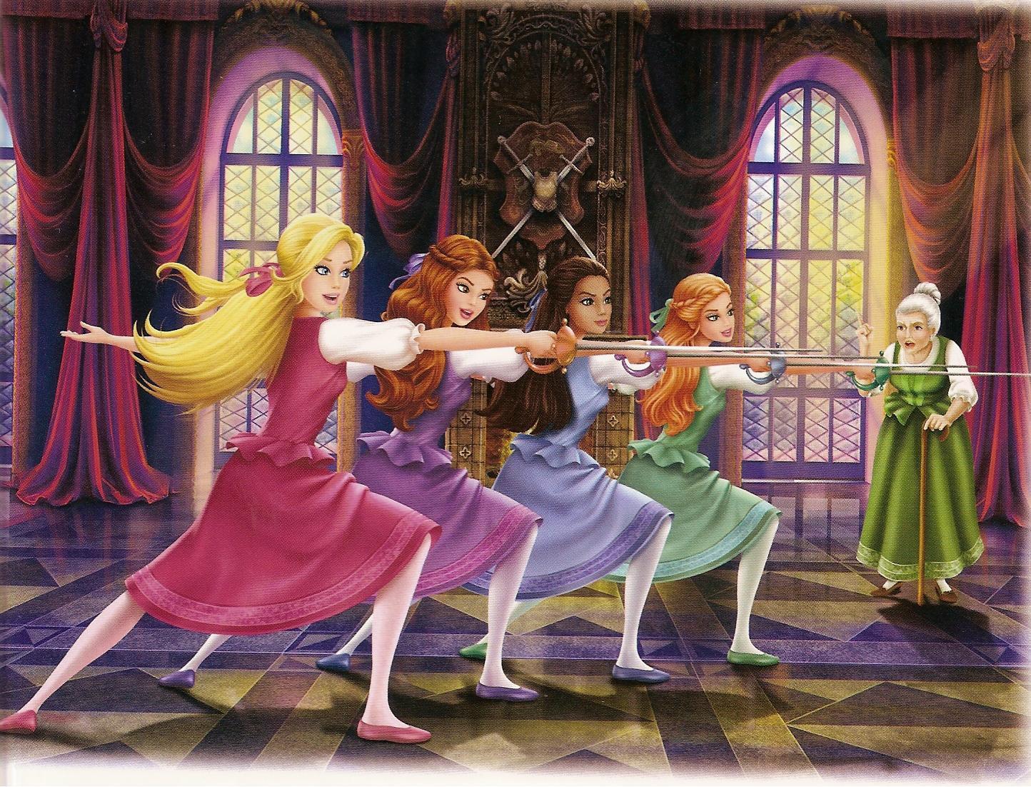 Barbie and the Three Musketeers practicing fencing: All are in a line and pointing their sword; the mentor instructs them, pointing her finger