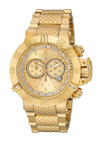 Invicta 14500 Subaqua Noma III Chronograph 18k Gold Ion-plated Stainless Steel Watch, 50mm case, 26mm band width, uni directional rotating bezel, tachymeter scale, 3 sub dials, date window, luminous hands and markers