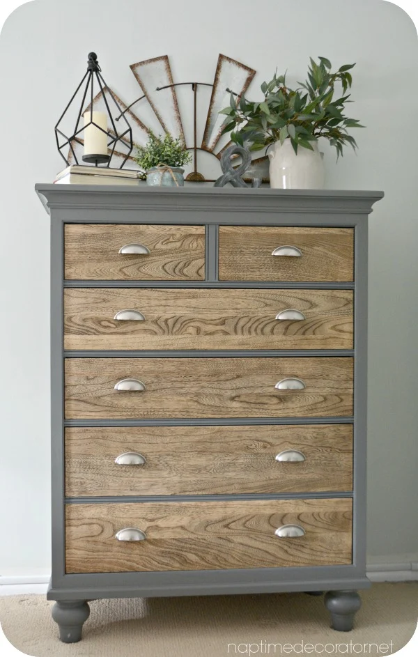 gray and wood dresser