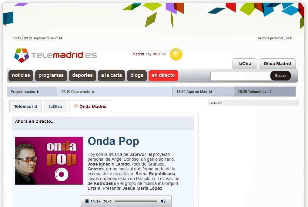 09/09/2014 Programa "Onda Pop" de Onda Madrid, en la web de TeleMadrid