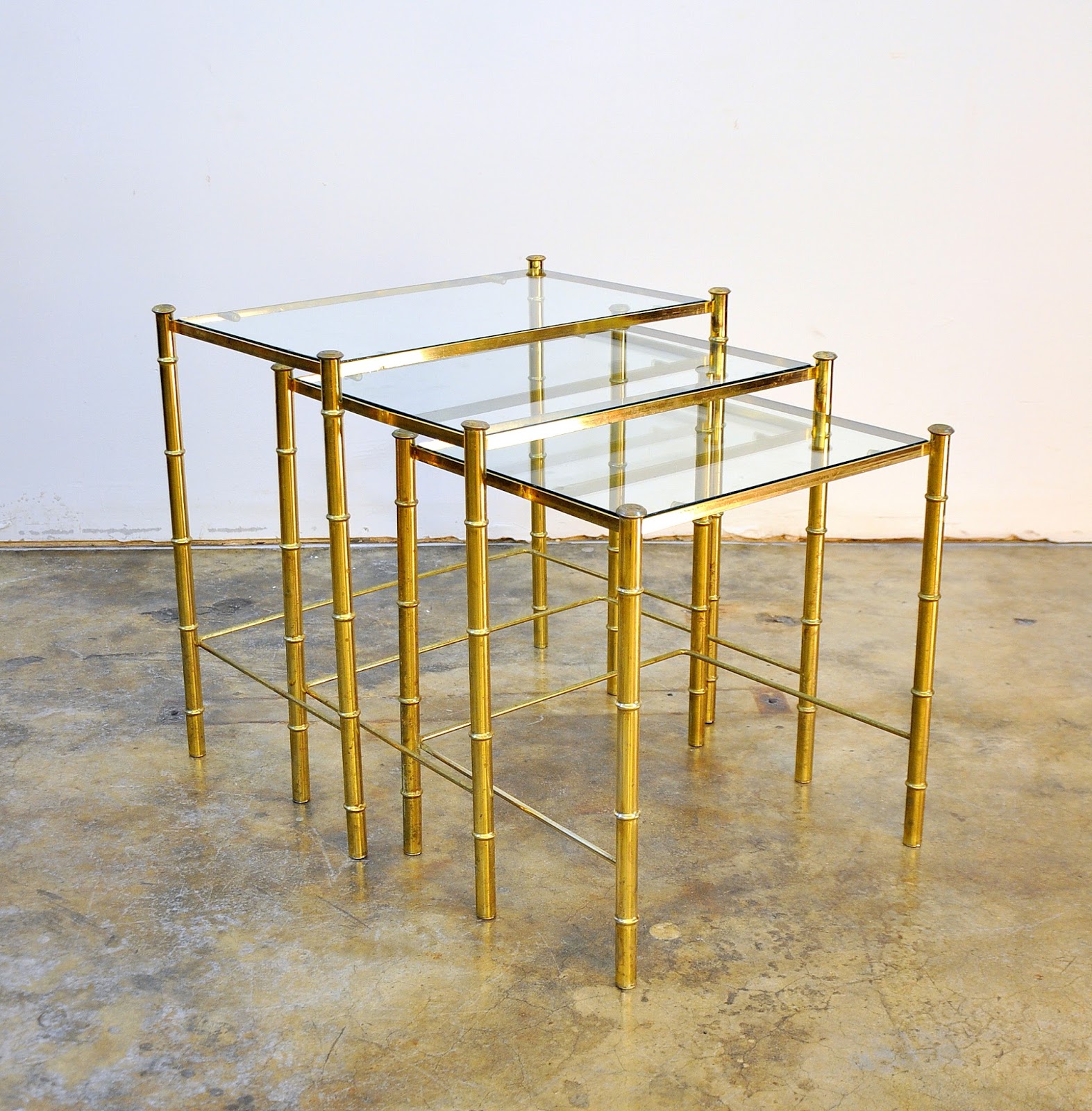 SELECT MODERN Hollywood Regency Brass & Glass Faux Bamboo Nesting Tables