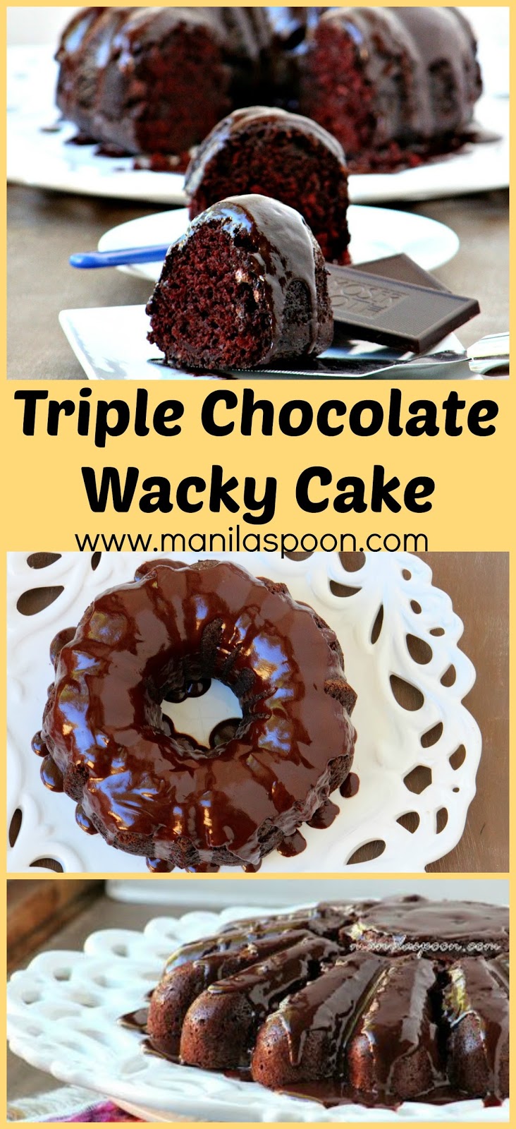 This version of the Depression (Wacky) cake is truly scrumptious - still an EGG-FREE and DAIRY-FREE cake batter but with triple the chocolate goodness! A very well-loved recipe, indeed!