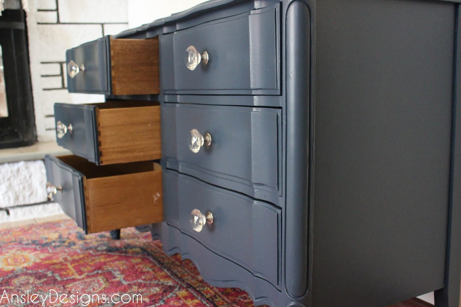 Ansley Designs Navy Blue French Provincial Dresser With Crystal Knobs