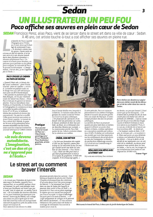 Sedan presse locale la semaine des ardennes sujet sur Paco illustrateur graphiste street artiste Sedannais Une du journal la semaine des ardennes paco street artiste Sedannais