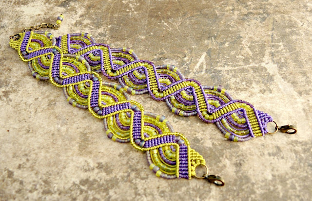 Micro macrame bracelets in lime and amethyst by Sherri Stokey of Knot Just Macrame.