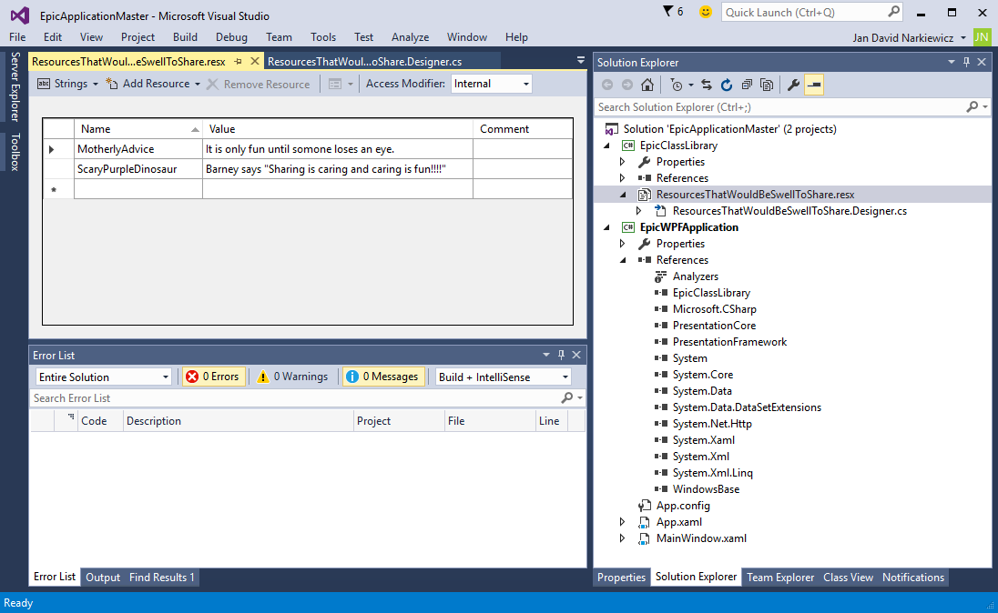 Jan David Narkiewicz (Developer): Visual Studio: Making a Resource File  (resx) Public Versus Internal (default)