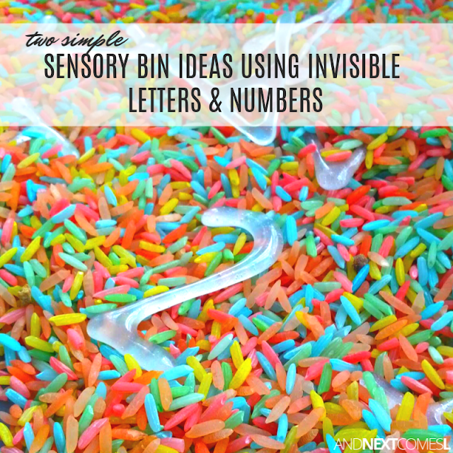 2 simple sensory bins for kids using invisible letters and numbers made out of hot glue
